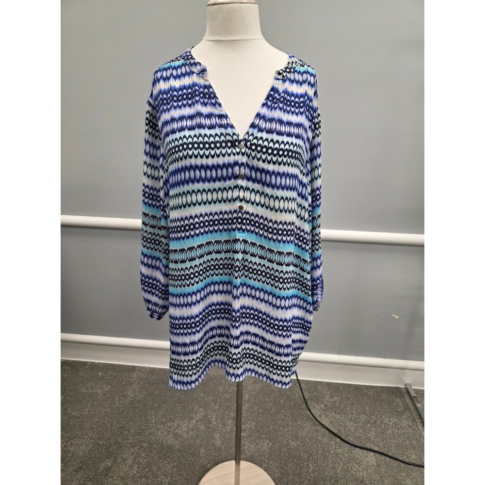 Roz & Ali Blue Geometric Ikat Print V-Neck Roll-Tab Sleeve Tunic Top Plus 3X